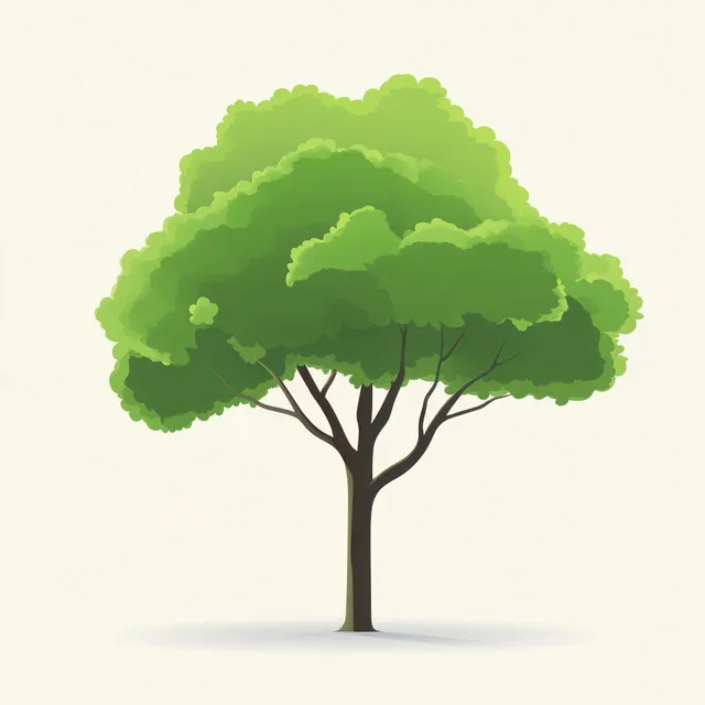 Illustration of a single green tree with dense leaves and a soft shadow on a light background.