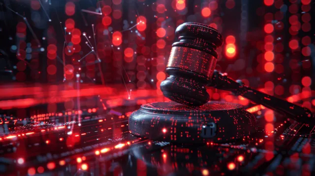 A futuristic judge gavel with neon red circuit lights symbolizes electronic justice and cyber law in a digital courtroom concept.