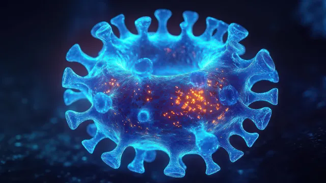 Neon 3D virus sphere glowing against dark scientific background with glowing particles