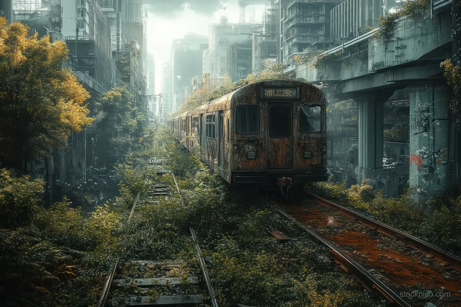 Rusty abandoned train on overgrown railway tracks amid dense plants and crumbling urban buildings.