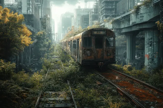 Rusty abandoned train on overgrown railway tracks amid dense plants and crumbling urban buildings.