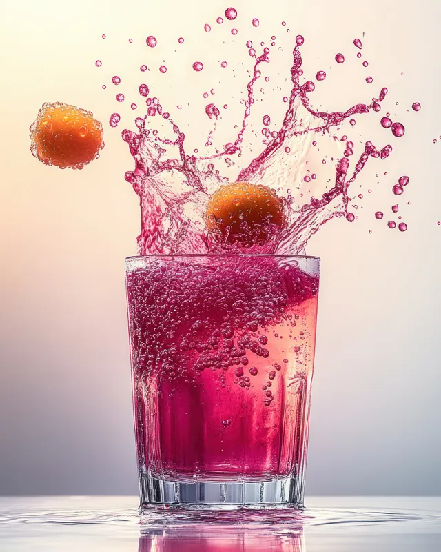 Two orange fruits splash into a tall glass of bright pink fizzy drink with bubbles and droplets mid-air.