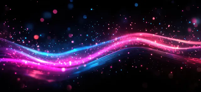 Pink and blue glowing particles flow into curved wave light trails over a dark background with sparkling bokeh.