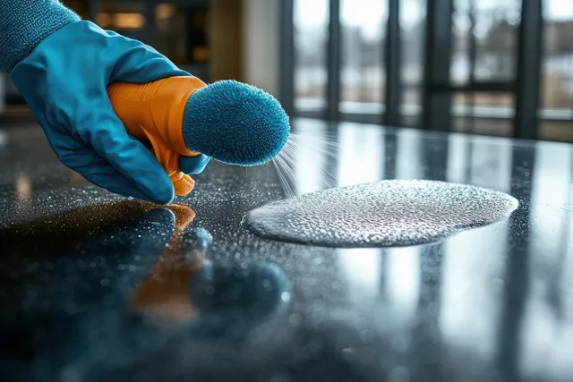 Gloved hand wipes disinfectant foam off a kitchen table on a bright day.