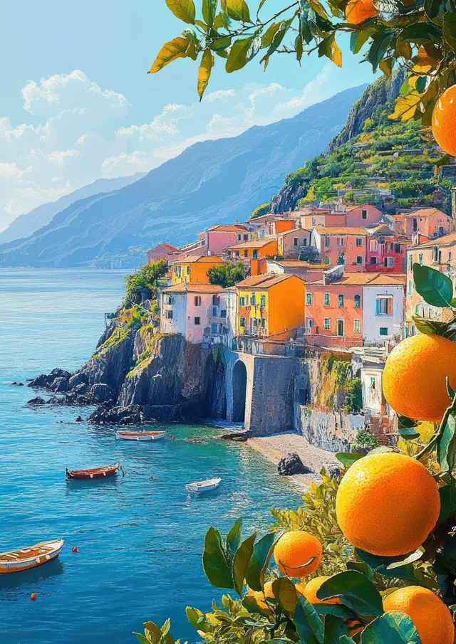Pastel cliffside buildings overlook a calm Mediterranean sea as lemons hang in the foreground foliage.