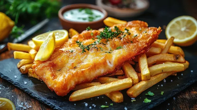 Crispy golden fish fillet served over thick-cut fries on a slate platter with herbs, lemon wedges, and creamy dipping sauce.