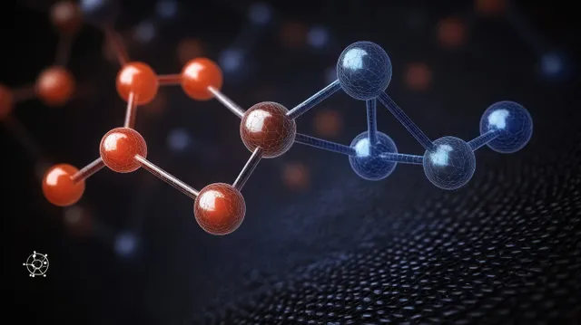 Blue and red spherical atoms connected by rods on a dark textured background.