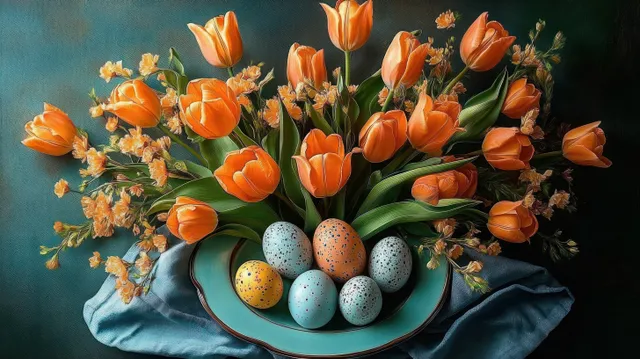 Orange tulips and speckled eggs in a teal plate on blue cloth with Food And Holiday Decor