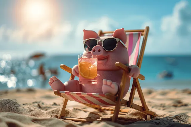 Cartoon pig lounges on a beach deck chair wearing sunglasses while holding a glass with an orange slice.