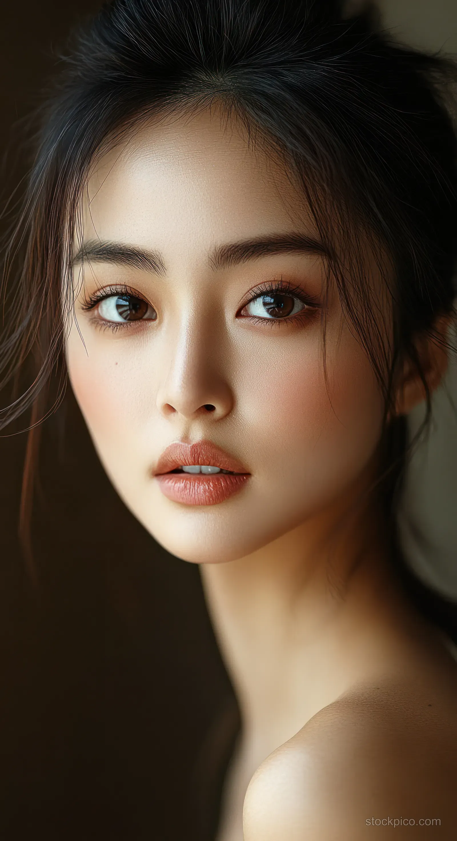 Young woman with natural makeup and dark hair tied back gazes softly at the camera in warm soft light.