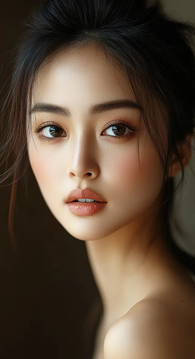Close-up portrait of a young woman with dark hair tied back gazing softly at camera