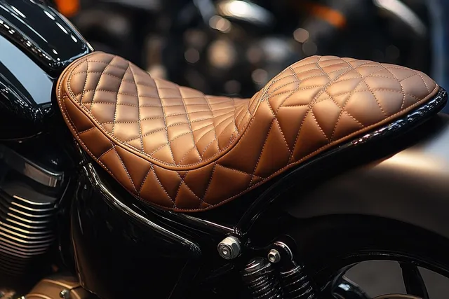Close-up brown quilted leather motorcycle seat on black vintage frame with chrome hardware
