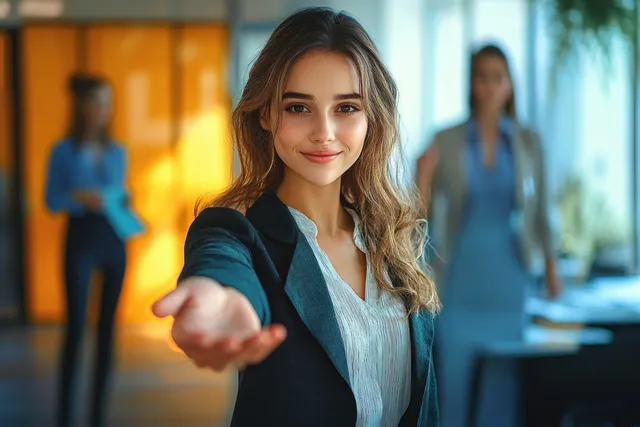 Young businesswoman extends a hand for a handshake in a modern office hallway with colleagues nearby.
