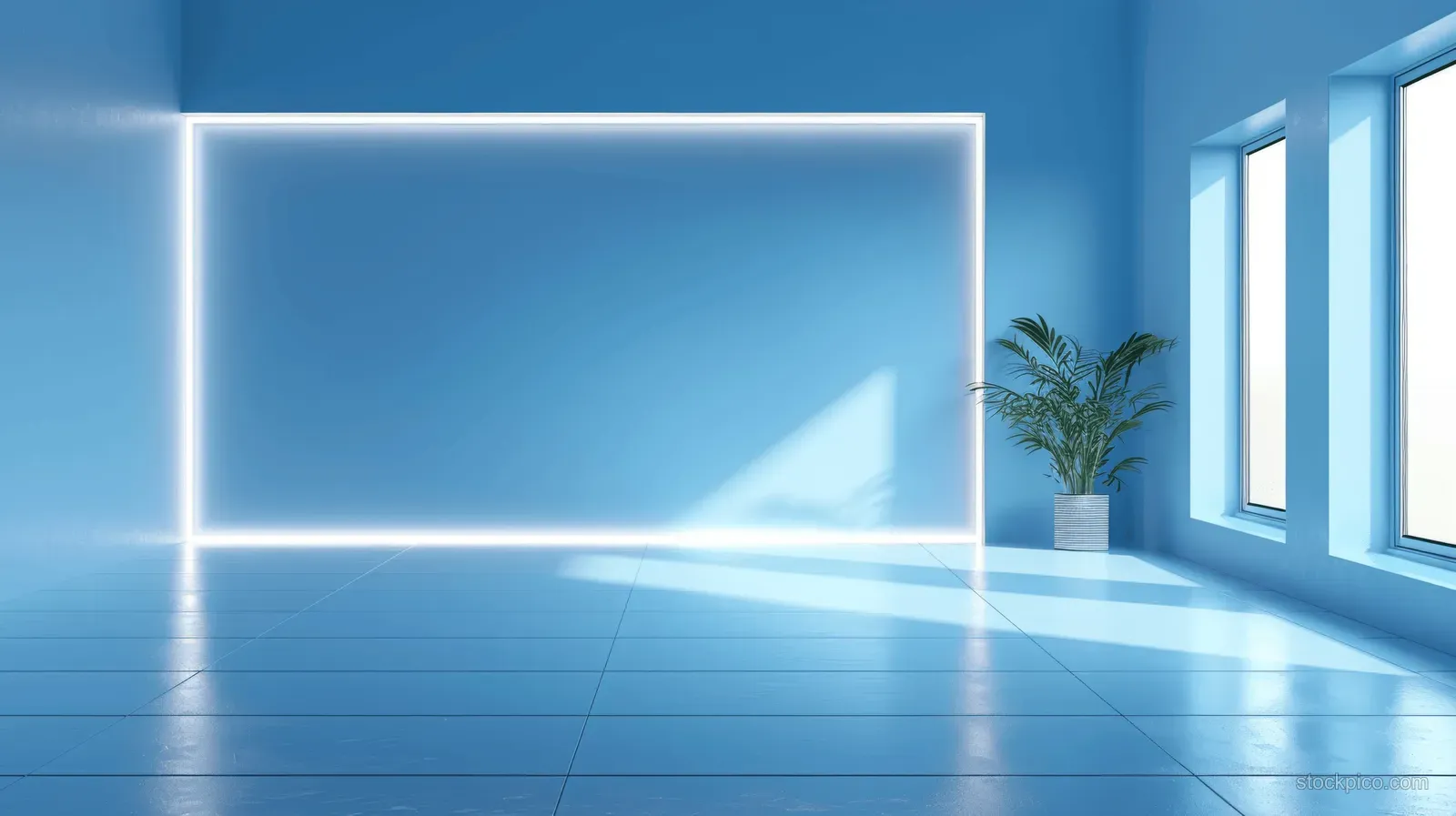Empty light-blue interior room with glowing rectangular light frame, windows, and smooth reflective floor.