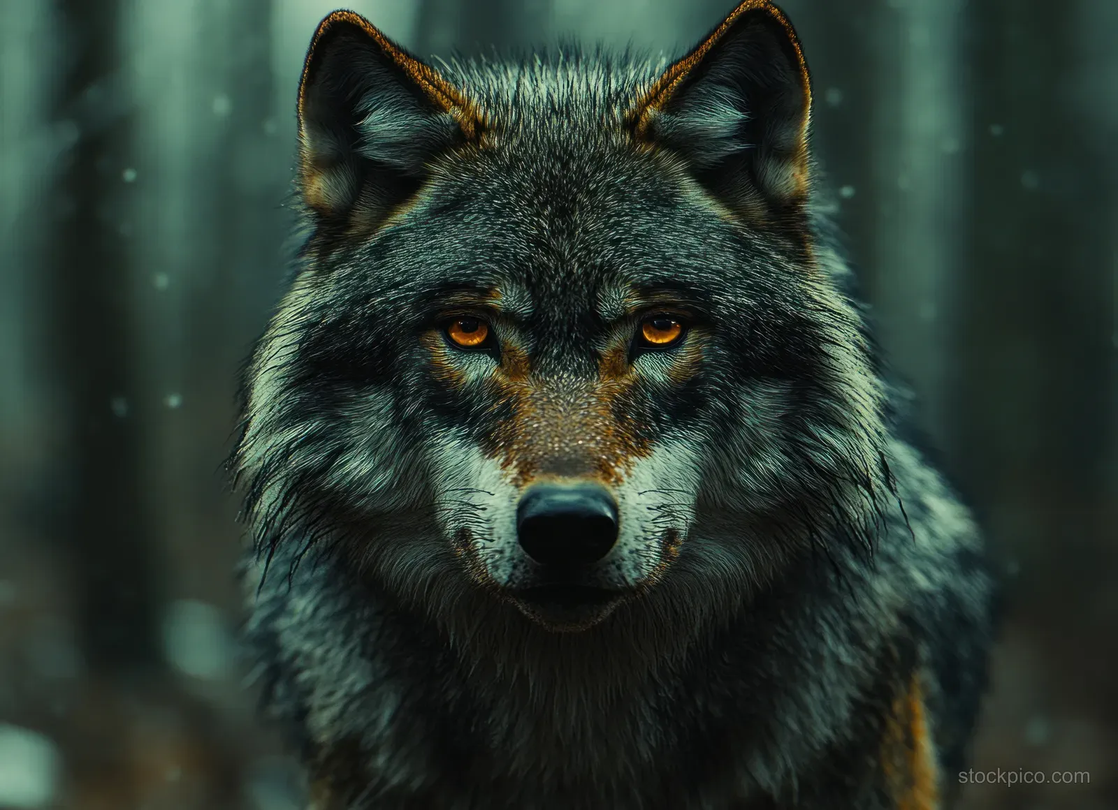 A grey wolf stares forward with glowing golden eyes while mist swirls in a dark forest.