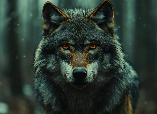 Close-up grey wolf portrait with glowing golden eyes in a misty dark forest