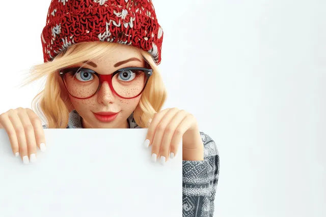 3D cartoon blonde woman in red beanie and glasses peeking over a white wall