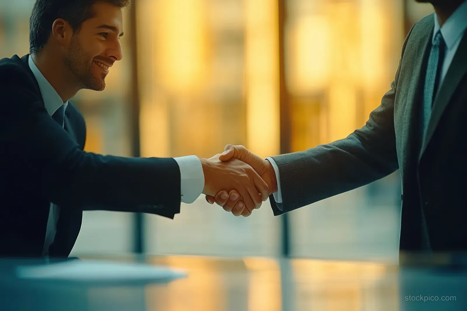 Two business professionals shake hands in a bright office with warm window light and blurred background.