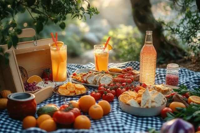 Outdoor picnic table with tomatoes, oranges, sliced bread, and two glasses of orange juice