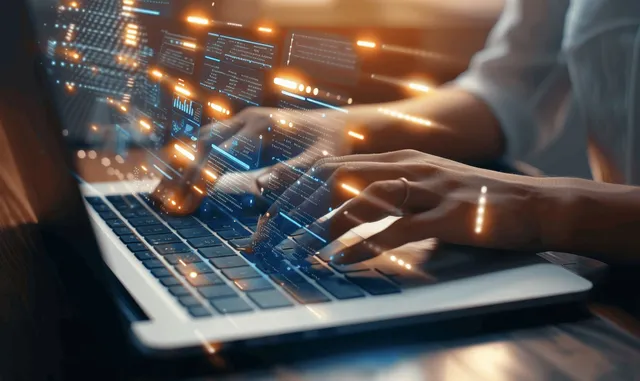 Hands typing on a laptop with glowing glassmorphism data charts floating above the screen.