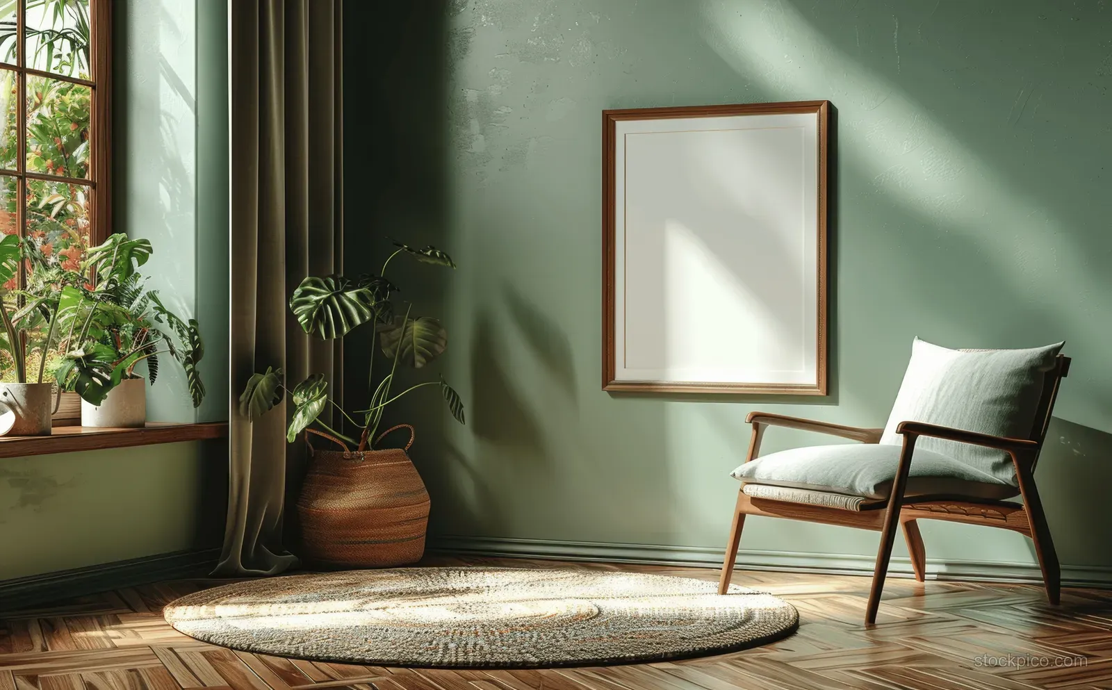 Empty framed poster hangs on a mint green wall beside a wooden armchair and sunlit window plants.