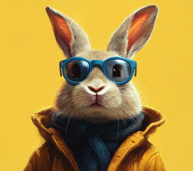 Rabbit wearing blue sunglasses emerging from a magician hat on yellow background