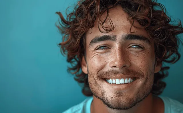 Curly-haired man in a green shirt laughing in a studio portrait with bright natural light.