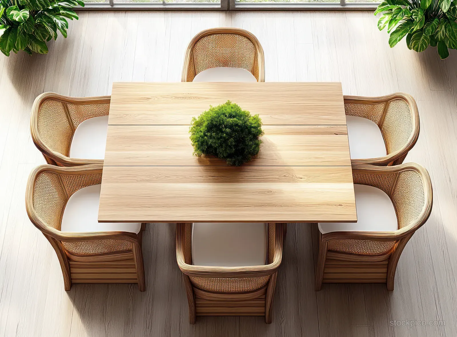 Top view of a light wooden dining table with six cane chairs and a green potted centerpiece on bright flooring.