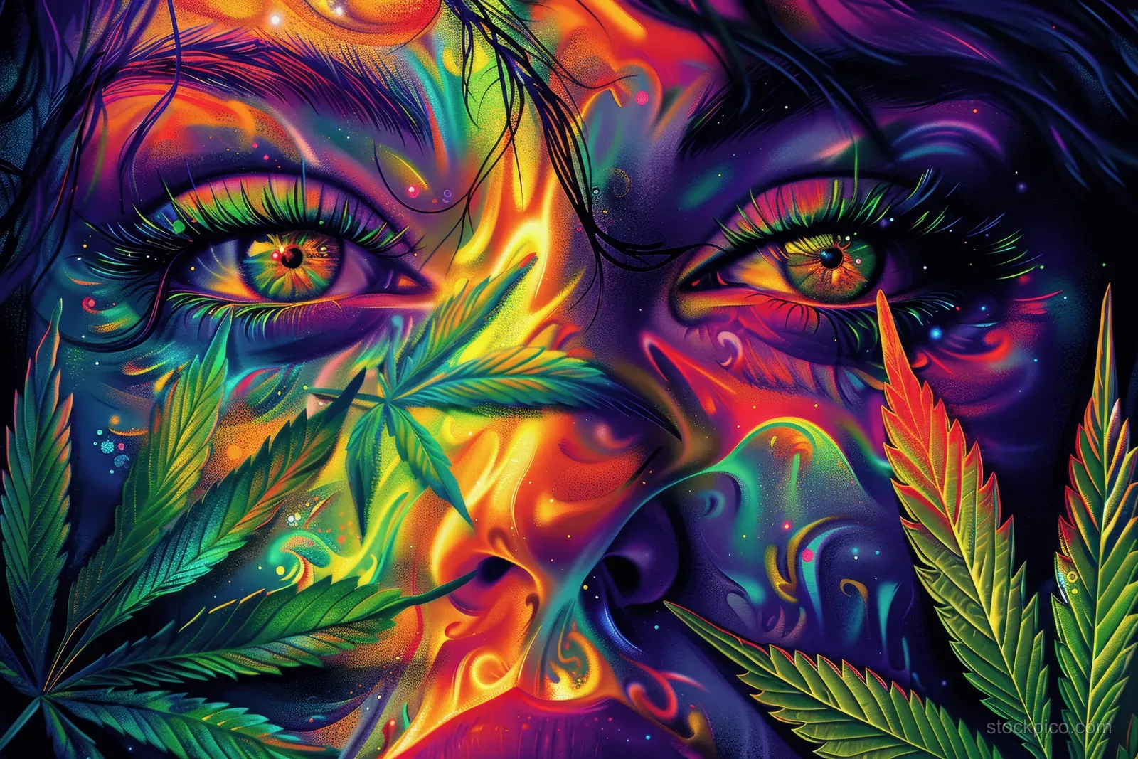 Psychedelic portrait of a woman’s face with glowing cannabis leaves and dragon-like eyes in a swirling night background.