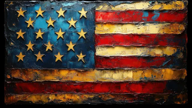 Distressed American flag stripes and stars painted on a rough grunge background.