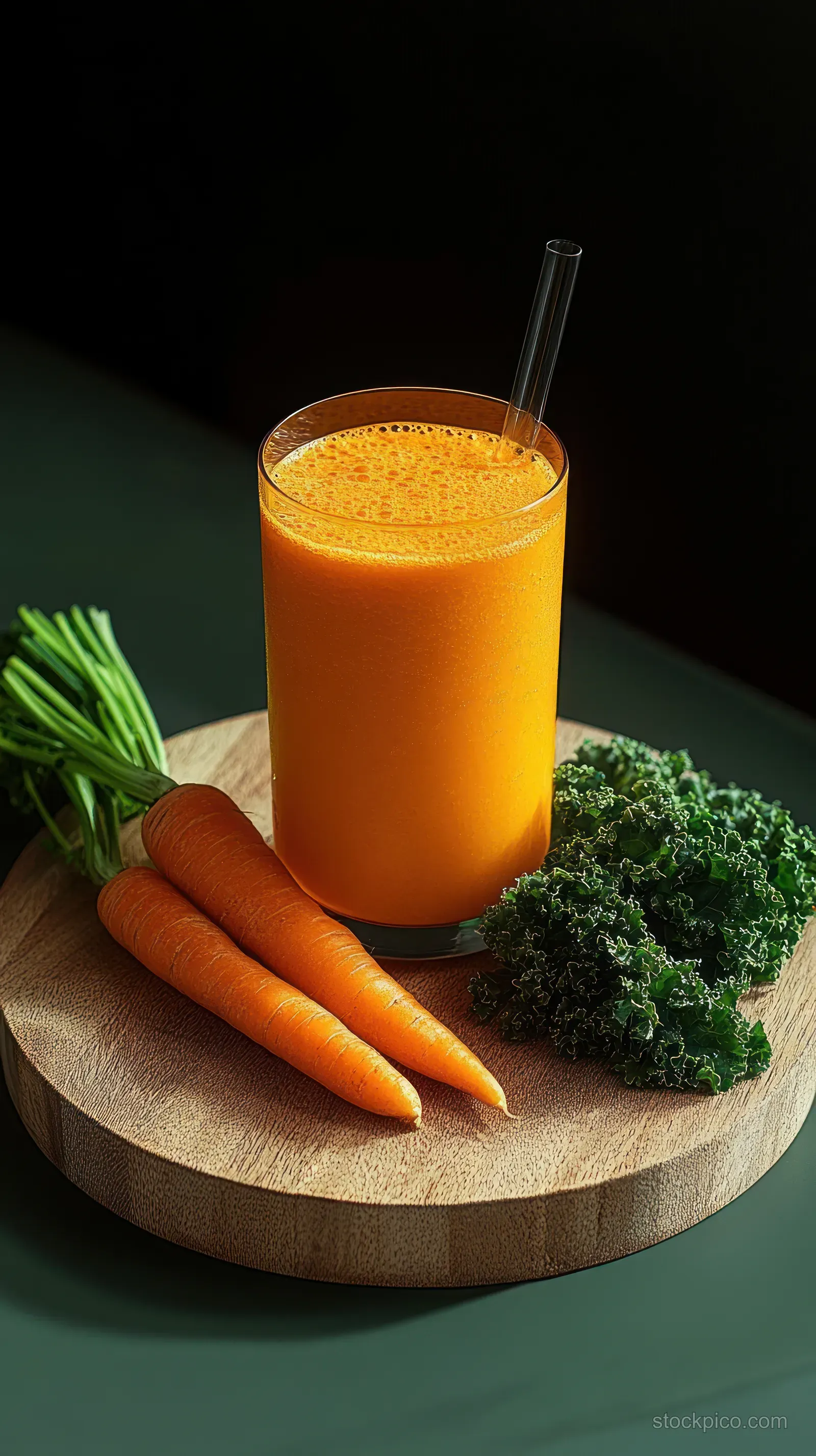 A glass of orange carrot juice with a straw sits beside carrots and curly kale on a wooden board.