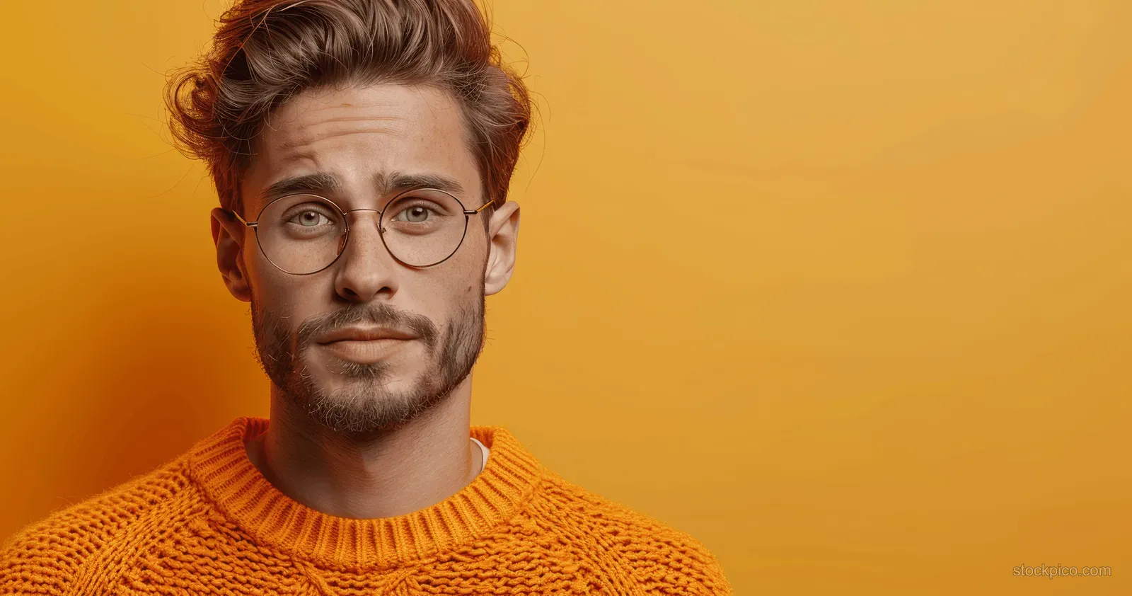 Smiling man in glasses wearing an orange sweater points sideways on a solid orange background.