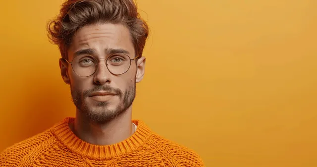 Smiling man in glasses wearing an orange sweater points sideways on a solid orange background.