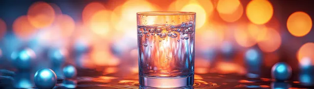 Sparkling water in a glass with rising bubbles, metallic blue spheres, warm bokeh reflections