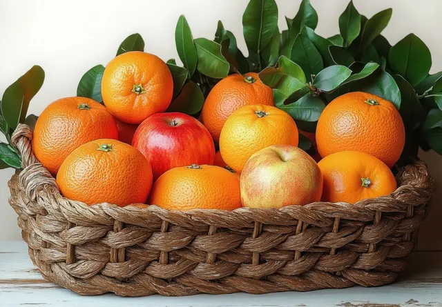 Una cesta tejida llena de naranjas y manzanas bajo una suave luz natural sobre una superficie clara.
