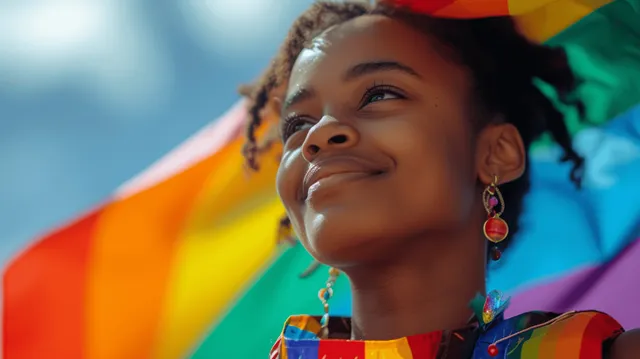 Smiling young Black girl waving a rainbow Pride flag outdoors under clear blue sky
