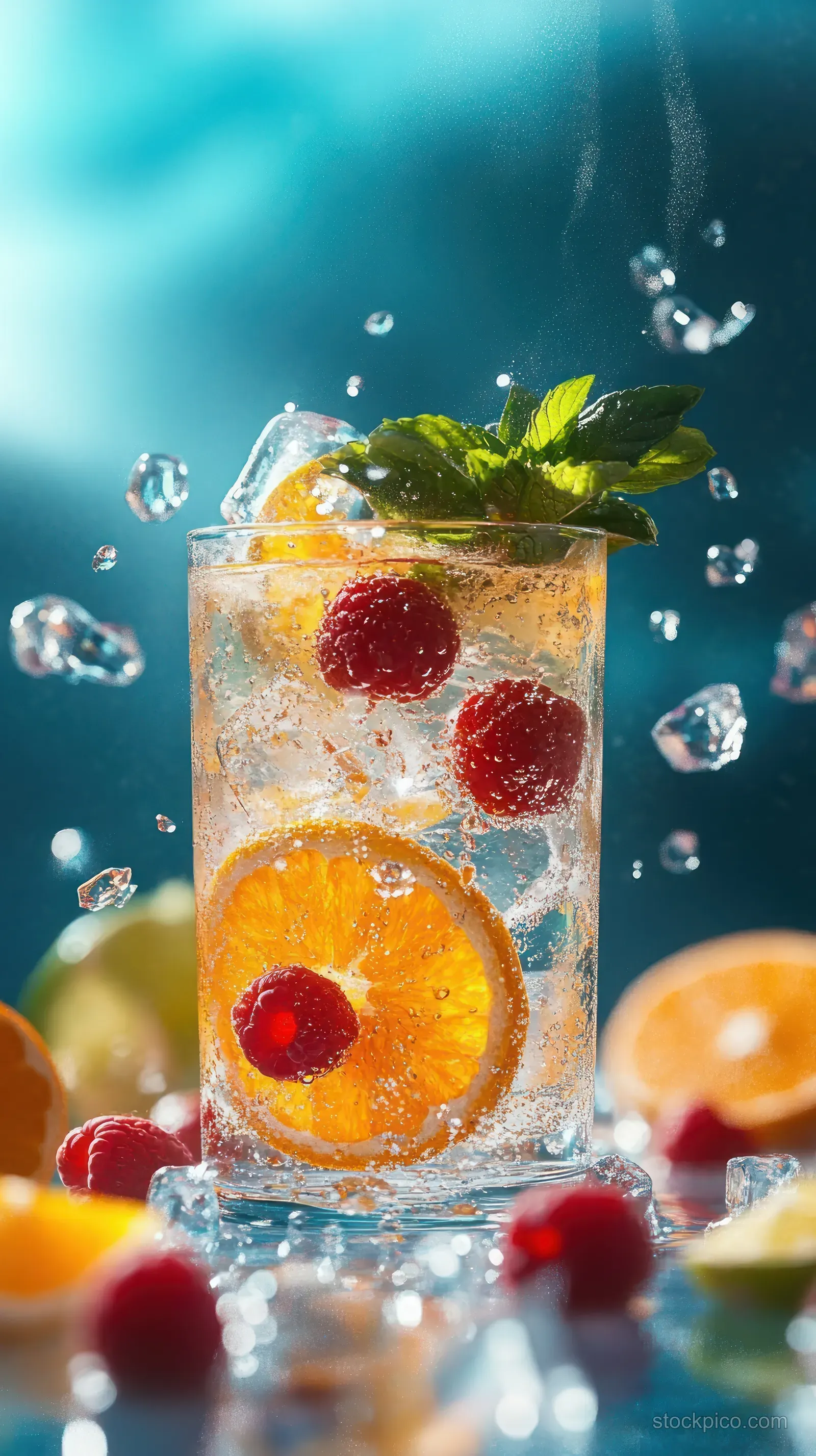 A clear glass of sparkling citrus drink with ice cubes, raspberries, mint leaves, and rising bubbles on a blue background.