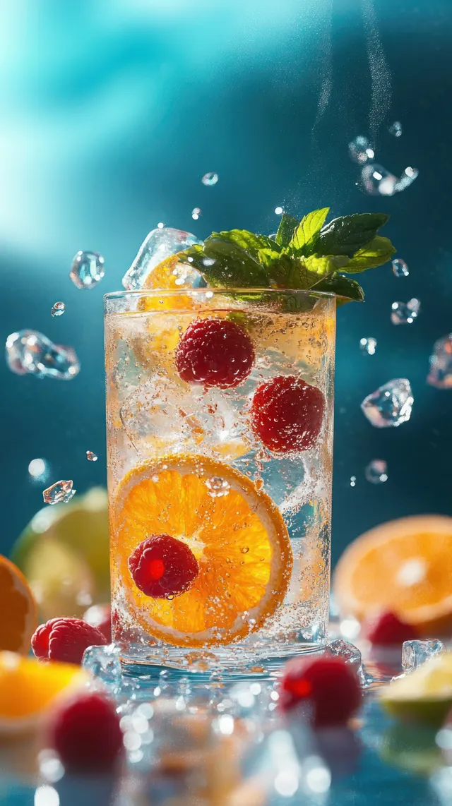 A clear glass of sparkling citrus drink with ice cubes, raspberries, mint leaves, and rising bubbles on a blue background.