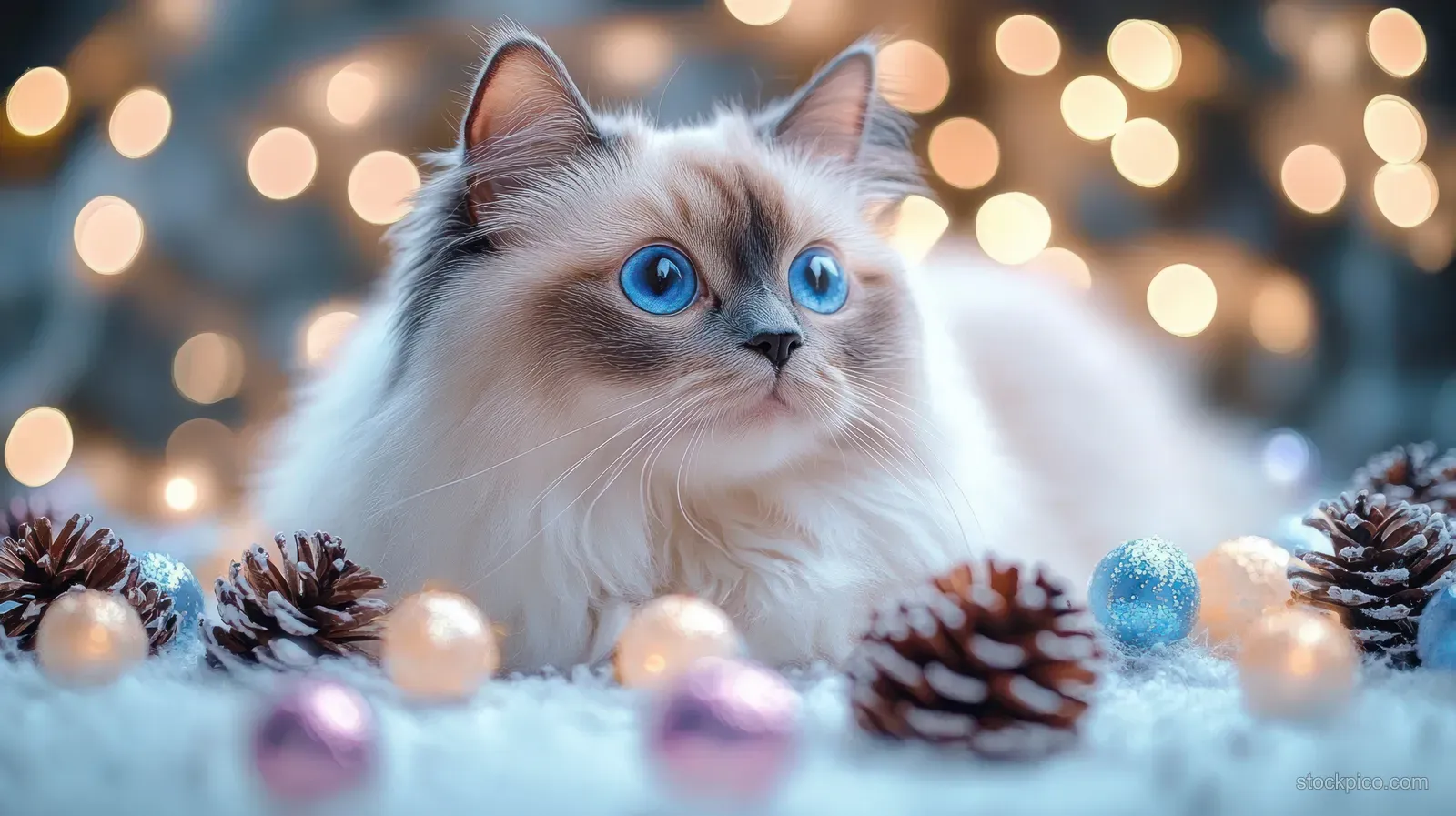Fluffy blue-eyed cat lounges on soft winter décor with pine cones and shiny ornaments against warm glowing bokeh lights.