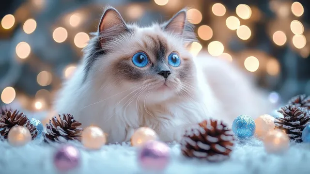 Fluffy blue-eyed cat lounges on soft winter décor with pine cones and shiny ornaments against warm glowing bokeh lights.