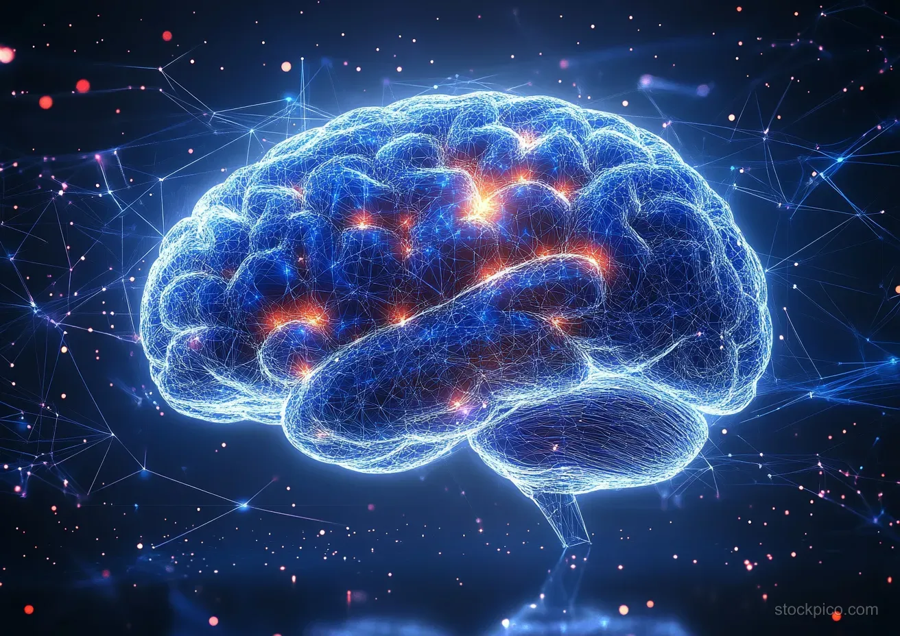 A glowing digital human brain in dark space connected by neural network lines with bright synapse firing points.