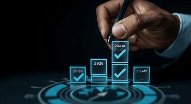 Businessman checks approval boxes on futuristic dashboard screen with pen gesture