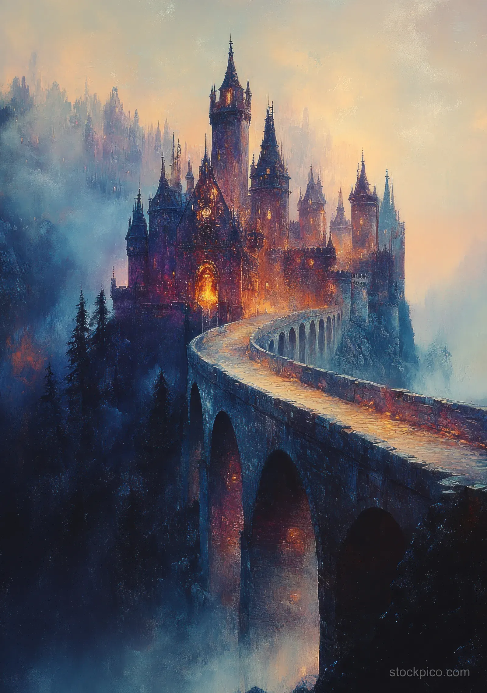A fantasy castle with glowing spires and an arched bridge rises above blue-gray fog.