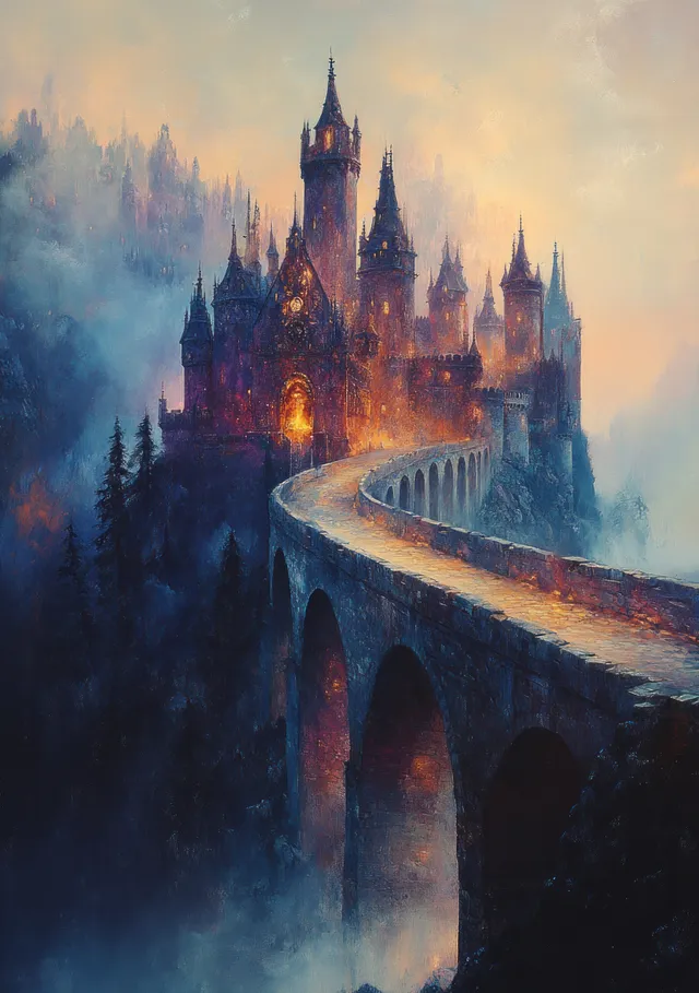 A fantasy castle with glowing spires and an arched bridge rises above blue-gray fog.