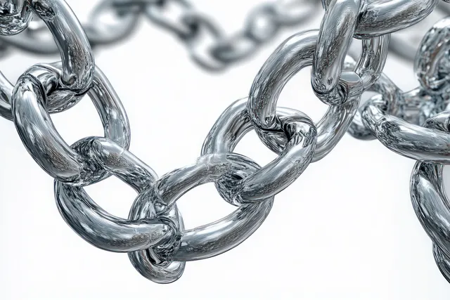 Close-up of interlocked shiny metal chain links on a clean white background