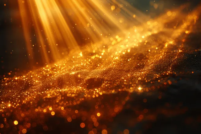 Golden light rays streak diagonally across a blurred brown background with sparkling particles and motion blur.