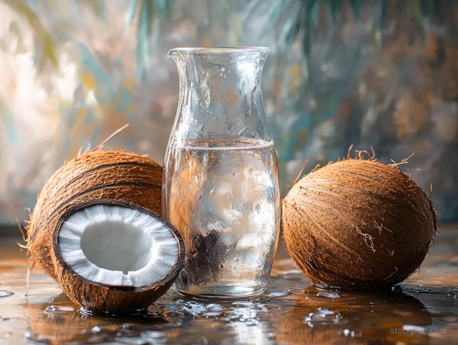 Halved coconuts and a glass jug of coconut water with oil sheen on a wet wooden surface.