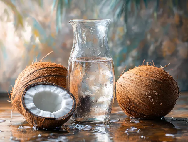 Halved coconuts beside a glass jug of coconut water and oil in natural light
