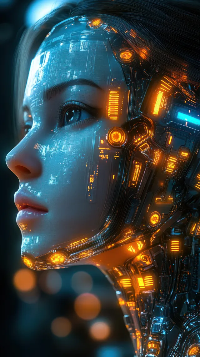 Uma ciborgue feminina futurista é mostrada de perfil com implantes laranja e azuis brilhantes ao longo do rosto e do pescoço.