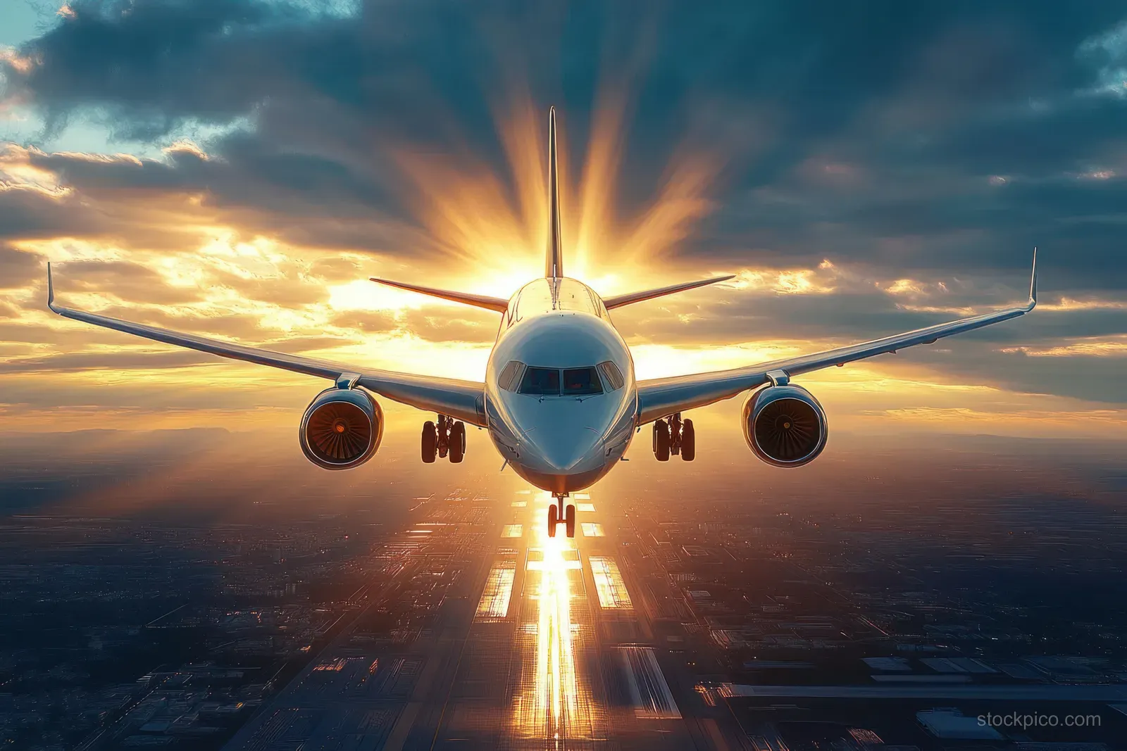 A commercial jet descends toward a city runway at sunset, illuminated by golden rays and surrounded by dramatic clouds.